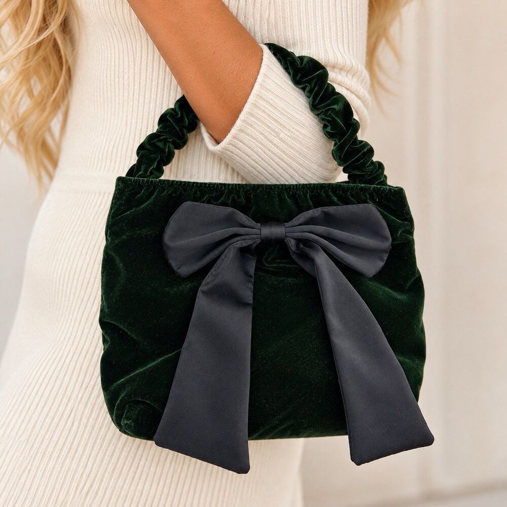Vineyard Vines Emerald Green Velvet Bow Handbag Purse Ruched Handle NWOT